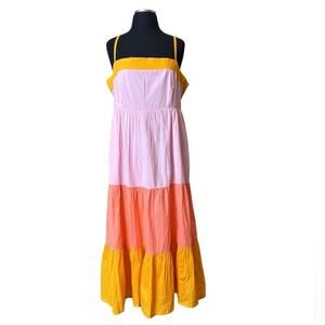 J Crew Factory Re-Imagined Tiered Maxi Sundress NEW Pink Orange Gold Size 14